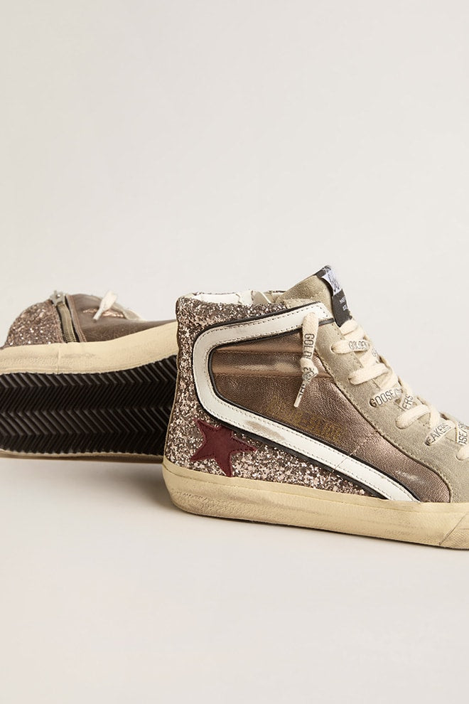 Tenis Golden Goose Slide Lamin Glitter Suede Leath Star Wave Mujer