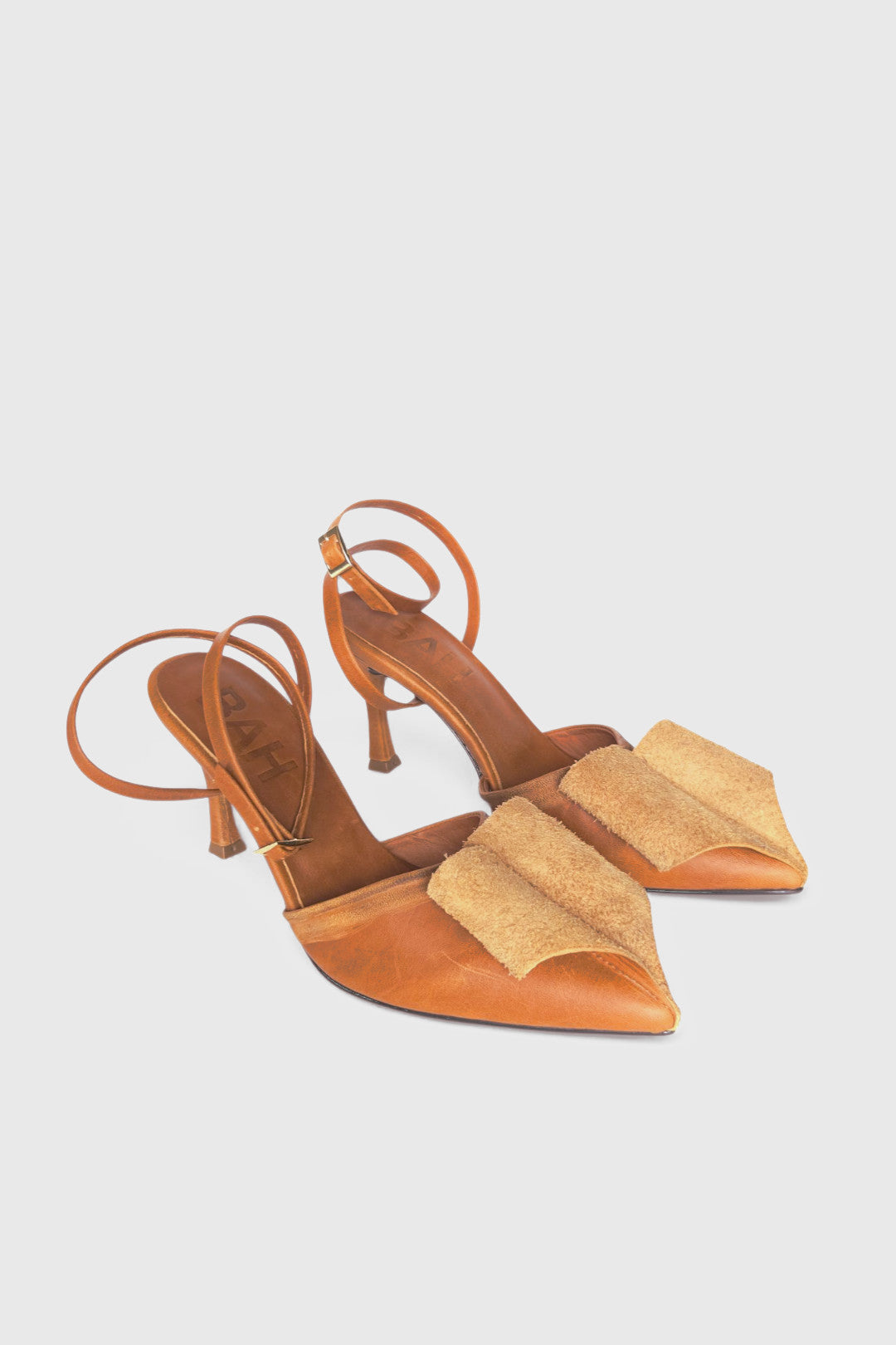 Antiqued cognac strap heels