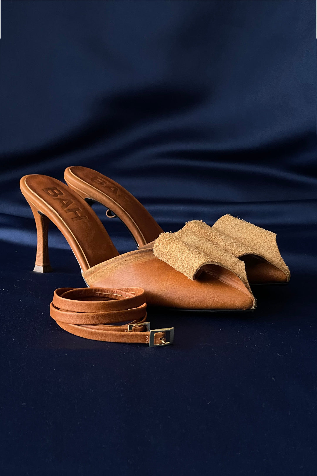 Antiqued cognac strap heels