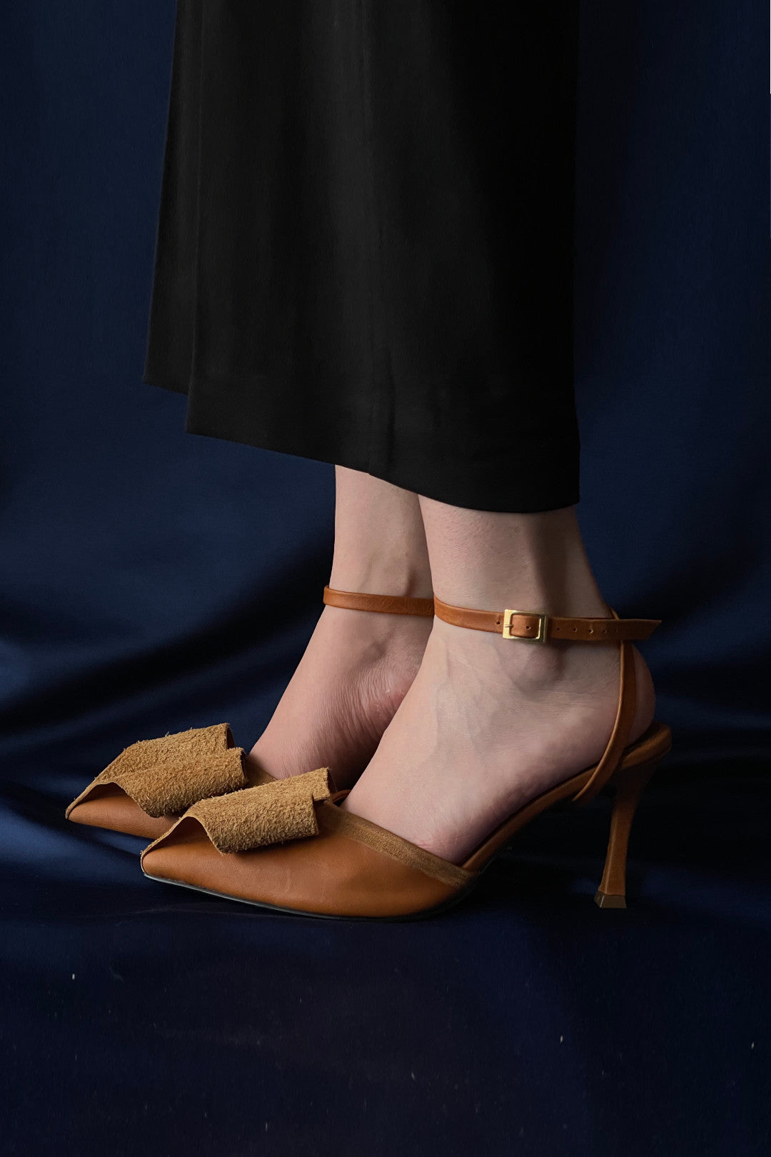 Antiqued cognac strap heels