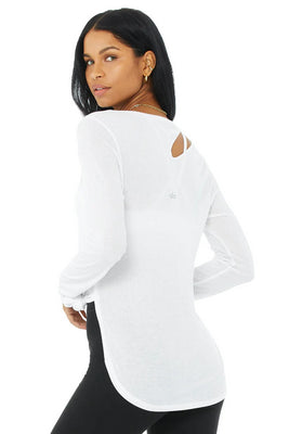 Top Ribbed Peak Long Sleeve White